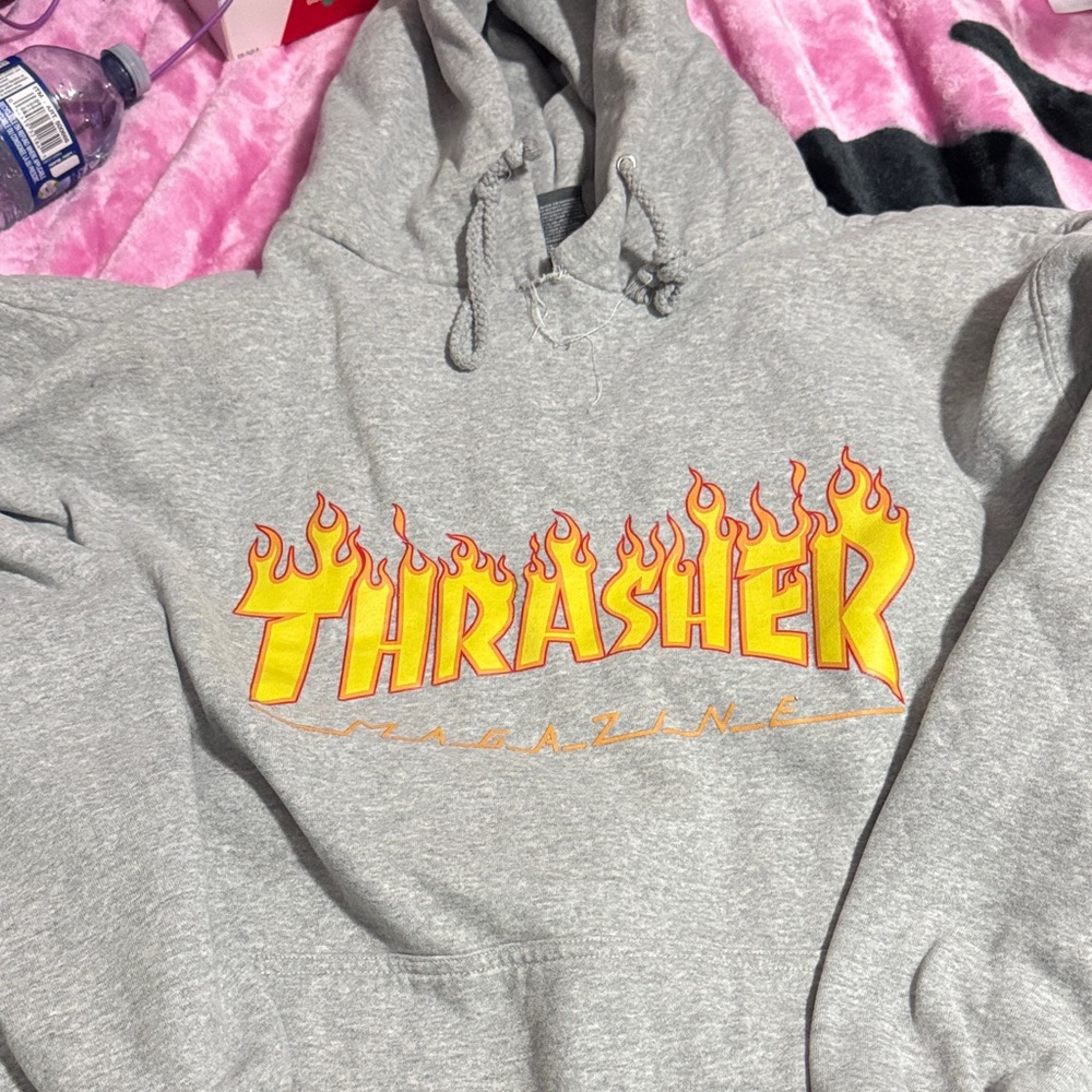Thrasher Gray Hoodie with Yellow-Orange Flame Design